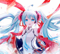 Rule 34 | 1girl, absurdres, ahoge, bad id, bad pixiv id, bare shoulders, black skirt, blue eyes, blue hair, blue necktie, chinese clothes, commentary, detached sleeves, floral print, flower, frilled sleeves, frills, hair flower, hair ornament, hatsune miku, hatsune miku expo, headphones, highres, long hair, looking at viewer, necktie, petals, shirt, skirt, sleeveless, sleeveless shirt, smile, solo, tapestry, twintails, upper body, very long hair, vocaloid, yokrio