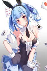 Rule 34 | 1girl, absurdres, animal ears, bare shoulders, black necktie, blue hair, blunt bangs, breasts, card, cleavage, closed mouth, detached collar, detached sleeves, dress, fake animal ears, frilled dress, frills, hair ribbon, hand on own hip, head tilt, highres, hololive, looking at viewer, minase03mio, necktie, official alternate costume, orange eyes, playing card, puffy detached sleeves, puffy sleeves, rabbit-shaped pupils, rabbit ears, rabbit paws, ribbon, short necktie, sidelocks, small breasts, solo, symbol-shaped pupils, thick eyebrows, twintails, usada pekora, usada pekora (furi furi bunny dress), virtual youtuber, wrist cuffs