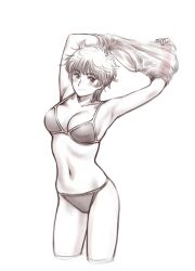 Rule 34 | 1girl, arms up, bikini, breasts, cowboy shot, kogawa masayoshi, large breasts, light smile, looking at viewer, medium breasts, messy hair, sepia, short hair, simple background, solo, swimsuit, undressing, white background, wingman, yume aoi