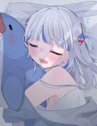 Rule 34 | 1girl, = =, bare shoulders, blue hair, blunt bangs, blush, breasts, camisole, closed eyes, commentary, drooling, from side, gawr gura, grey hair, hair ornament, highres, hololive, hololive english, hugging doll, hugging object, long hair, lying, multicolored hair, on bed, on side, open mouth, pillow, shark hair ornament, sharp teeth, sleeping, sleepwear, small breasts, solo, strap slip, streaked hair, stuffed animal, stuffed shark, stuffed toy, symbol-only commentary, teeth, two side up, uica, upper body, virtual youtuber, white camisole, zzz