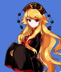 Rule 34 | 1girl, black dress, blonde hair, blue background, breasts, chinese clothes, closed mouth, commentary request, cowboy shot, dress, from side, frown, hair between eyes, headgear, highres, junko (touhou), korean commentary, large breasts, long hair, long sleeves, looking at viewer, mindoll, phoenix crown, pom pom (clothes), red eyes, sidelocks, simple background, sleeves past wrists, solo, tabard, tassel, touhou, very long hair, wide sleeves