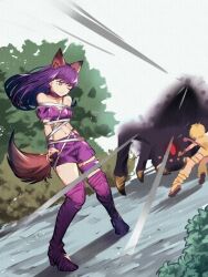 Rule 34 | 1girl, animal ears, anime screenshot, boots, breasts, bridal garter, detached sleeves, fujiwara zakuro, knee boots, long hair, magical girl, mew zakuro, midriff, non-web source, official style, pink ribbon, puffy detached sleeves, puffy sleeves, purple footwear, purple hair, ribbon, solo, source request, tail, tokyo mew mew, tokyo mew mew new, very long hair, wolf ears, wolf girl, wolf tail