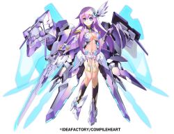 Rule 34 | 1girl, alternate breast size, artist request, blue eyes, breasts, cleavage, commentary, company connection, copyright name, full body, hair ornament, holding, holding weapon, large breasts, long hair, nepnep connect: chaos chanpuru, purple hair, purple sister v, simple background, solo, weapon, white background, wings