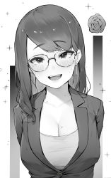 Rule 34 | 1girl, :d, arms behind back, blush, breasts, earrings, flower, greyscale, head tilt, highres, jacket, jewelry, kotoribako, long hair, looking at viewer, mole, mole on breast, mole on neck, mole under eye, monochrome, office lady, open mouth, original, rose, smile, solo, sparkle, teeth, upper teeth only