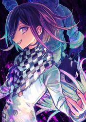 Rule 34 | 1boy, :d, akiyama enma, black hair, black scarf, blush, buttons, checkered clothes, checkered scarf, danganronpa (series), danganronpa v3: killing harmony, dark skin, double-breasted, dual persona, from side, grey hair, grin, jacket, long sleeves, looking at viewer, male focus, open mouth, oma kokichi, purple eyes, purple hair, scarf, smile, teeth, upper body, upper teeth only, white jacket, white scarf