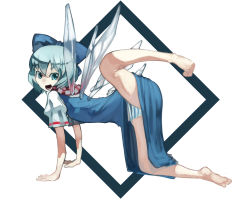 Rule 34 | barefoot, black hair, bow, cirno, feet, hair bow, leg lift, morosuke, panties, perfect cherry blossom, smile, solo, striped clothes, striped panties, touhou, underwear, wings