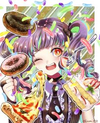 Rule 34 | ;d, bang dream!, birthday, black choker, black necktie, blunt bangs, border, bow, cake, choker, clenched hand, commentary, curly hair, doughnut, fang, food, hair bow, happy birthday, head tilt, highres, jewelry, necklace, necktie, one eye closed, open mouth, outside border, pizza, purple hair, red eyes, short necktie, smile, solo, strawberry shortcake, twintails, twitter username, udagawa ako, upper body, white border, wing collar, zassou (ukjpn)