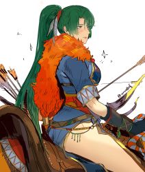 Rule 34 | 1girl, absurdres, arrow (projectile), bow (weapon), fire emblem, fire emblem: the blazing blade, fur trim, gloves, green hair, highres, holding, holding weapon, lyn (fire emblem), nintendo, ormille, ponytail, riding, solo, thighs, weapon