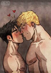 Rule 34 | 2boys, bad id, bad tumblr id, bara, black hair, blonde hair, blush, chest hair, completely nude, couple, cris art, facial hair, from side, heart, hulkling, imminent kiss, long sideburns, male focus, marvel, mature male, multiple boys, muscular, muscular male, nipples, nude, pectorals, short hair, sideburns, stubble, thick eyebrows, wiccan, yaoi