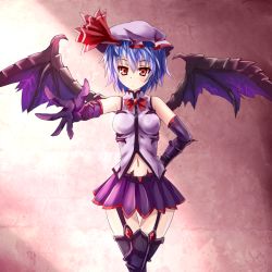 Rule 34 | 1girl, alternate costume, bad id, bad pixiv id, bare shoulders, bat (animal), bat wings, blue hair, bow, brooch, elbow gloves, garter straps, gloves, hat, hat ribbon, jewelry, looking at viewer, midriff, mob cap, navel, outstretched arm, outstretched hand, pleated skirt, purple gloves, purple thighhighs, red eyes, remilia scarlet, ribbon, shirt, skirt, sleeveless, sleeveless shirt, solo, sumapan, thighhighs, touhou, wings, zettai ryouiki