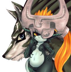 Rule 34 | 1girl, absurdres, animal, bad id, bad pixiv id, blue eyes, breasts, cleft of venus, colored sclera, dark nipples, ear piercing, fang, hand on own hip, helmet, highres, link, wolf link, long hair, mato spectoru, midna, navel, nintendo, nipples, one eye covered, piercing, pointy ears, pussy, small breasts, the legend of zelda, the legend of zelda: twilight princess, wide hips, wolf, yellow sclera