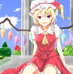 Rule 34 | 1girl, :d, ascot, blonde hair, bluekalmia, blush, breasts, crystal, day, flandre scarlet, flower, frilled shirt collar, frilled skirt, frills, hair between eyes, hat, hat ribbon, looking at viewer, mob cap, open mouth, outdoors, puffy short sleeves, puffy sleeves, red eyes, red ribbon, red skirt, red vest, ribbon, shirt, short sleeves, side ponytail, sitting, skirt, skirt set, small breasts, smile, solo, touhou, vest, white shirt, wings