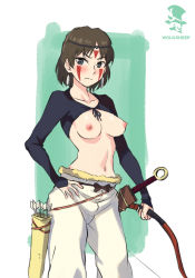 Rule 34 | 1girl, arrow (projectile), blush, border, bow, breasts, brown hair, embarrassed, exhibitionism, facepaint, green background, hand on own hip, looking at viewer, medium breasts, mononoke hime, navel, nipples, panties, partially undressed, public indecency, quiver, san (mononoke hime), shrug (clothing), solo, studio ghibli, sword, topless, underwear, wavy mouth, weapon, white border, wolksheep