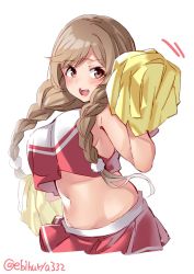 Rule 34 | 1girl, alternate costume, blush, braid, breasts, brown eyes, cheerleader, cloud hair ornament, crop top, ebifurya, gradient hair, highres, kantai collection, large breasts, light brown hair, long hair, looking at viewer, minegumo (kancolle), miniskirt, multicolored hair, navel, one-hour drawing challenge, open mouth, pleated skirt, pom pom (cheerleading), shirt, simple background, skirt, sleeveless, sleeveless shirt, smile, solo, sportswear, twin braids, twitter username, white background
