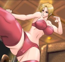 Rule 34 | 1girl, blonde hair, blue eyes, bra, breasts, female focus, fighting stance, foreshortening, kicking, king (snk), large breasts, lingerie, mokusa, navel, panties, partially visible vulva, red bra, red panties, red thighhighs, ryuuko no ken, short hair, snk, solo, the king of fighters, thick thighs, thighhighs, thighs, toned, underwear, underwear only