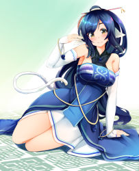 Rule 34 | 1girl, ainu clothes, animal ears, aquaplus, black hair, blue dress, bracelet, breasts, cat tail, dress, gloves, hair ornament, highres, jewelry, kuon (utawarerumono), large breasts, long hair, necklace, on ground, ponytail, sitting, smile, tail, thighs, utawarerumono, utawarerumono: futari no hakuoro, white tail, yellow eyes, zarashi