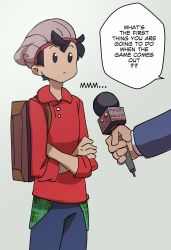 Rule 34 | 2boys, backpack, bag, beanie, brown hair, cardigan, cowboy shot, creatures (company), english text, game freak, green headwear, grey cardigan, hat, highres, holding, interview, long sleeves, male hand, microphone, multiple boys, nintendo, nisego, pokemon, pokemon swsh, red shirt, shirt, short hair, simple background, speech bubble, standing, victor (pokemon)