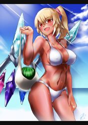 Rule 34 | 1girl, bikini, blue sky, breasts, cloud, covered erect nipples, day, female focus, flandre scarlet, food, fruit, gradient background, highres, large breasts, open mouth, red eyes, ryuuno stadtfeld, scrunchie, side ponytail, sky, smile, solo, swimsuit, tan, touhou, watermelon, white bikini, wings