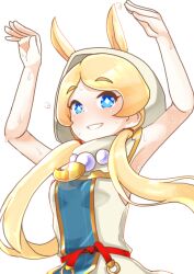 Rule 34 | 1girl, animal ears, armpits, arms up, blonde hair, blue eyes, blush, breasts, eyelashes, fantasy life, flower, flying sweatdrops, glint, hood, horse ears, jewelry, kurushima gire, long hair, looking at viewer, necklace, rabbit pose, sleeveless, small breasts, smile, sweat, sweatdrop, teeth, transparent background, twintails, upper body, yuelia (fantasy life)