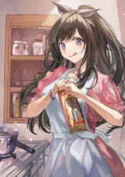 Rule 34 | 1girl, :p, apron, bangle, black ribbon, bracelet, brown eyes, brown hair, commentary, cooking, cooking pot, dress, english commentary, food, hair ribbon, highres, holding, idolmaster, idolmaster shiny colors, jar, jewelry, kitchen, long hair, looking at viewer, noodles, opening, otsudou, pink dress, ribbon, shelf, short sleeves, smile, solo, stove, tongue, tongue out, tsukioka kogane, upper body, white apron
