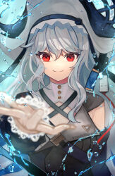 Rule 34 | 1girl, absurdres, arknights, armpit cutout, black dress, black headwear, blue background, blurry, blurry foreground, bubble, cleavage cutout, clothing cutout, commentary, dress, grey hair, hand up, haru torimaru, highres, looking at viewer, outstretched hand, pointy hat, red eyes, shoulder strap, sidelocks, simple background, smile, solo, specter (arknights), specter the unchained (arknights), upper body, water