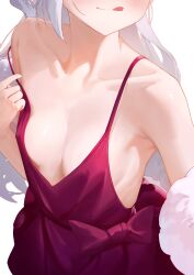 Rule 34 | 1girl, absurdres, blue archive, breasts, closed mouth, dress, grey hair, head out of frame, highres, long hair, mutsuki (blue archive), mutsuki (dress) (blue archive), official alternate costume, red dress, serelith, simple background, sleeveless, sleeveless dress, small breasts, smile, solo, tongue, tongue out, upper body, white background