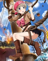 Rule 34 | 1girl, blue eyes, blush, boots, bracelet, braid, breasts, brown hair, cannonball, card (medium), cleavage, fire, jewelry, large breasts, lynette bishop, official art, panties, pantyshot, pirate, pirate costume, pirate ship, ponytail, ring, rope, single braid, solo, strike witches, tears, underwear, upskirt, water, white panties, world witches series
