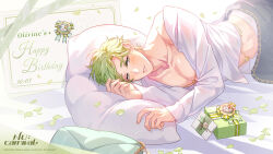 Rule 34 | 1boy, box, collared shirt, gift, gift box, green eyes, green hair, happy birthday, highres, letter, linked piercing, long sleeves, looking at viewer, lying, male focus, nipple chain, nu carnival, official art, olivine (nu carnival), on side, petals, piercing, pillow, shirt, short hair, white shirt