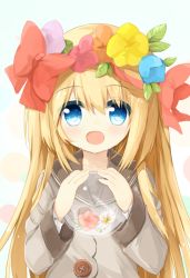 Rule 34 | 1girl, :d, blonde hair, blue eyes, bow, buttons, collarbone, flower, grey jacket, hair between eyes, hair bow, hair flower, hair ornament, hands up, holding, jacket, leaf, long hair, long sleeves, looking at viewer, multicolored polka dots, open mouth, orb, original, polka dot, red bow, simple background, smile, solo, upper body, yuuhagi (amaretto-no-natsu)