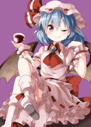Rule 34 | 1girl, ;), alcohol, ascot, bat wings, blue hair, boots, brooch, crossed legs, cup, cupping glass, drinking glass, hat, hat ribbon, highres, jewelry, looking at viewer, medium hair, mob cap, one eye closed, puffy short sleeves, puffy sleeves, purple background, red ascot, red eyes, remilia scarlet, ribbon, ruu (tksymkw), short sleeves, simple background, sitting, skirt, skirt set, smile, solo, touhou, wine, wine glass, wings, wrist cuffs