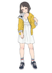 Rule 34 | 1girl, bad id, bad tumblr id, brown hair, dress, flat chest, head tilt, highres, jacket, licking lips, megumoke, open clothes, open jacket, original, purple eyes, shoes, short hair, simple background, sneakers, socks, solo, tongue, tongue out, white background