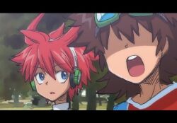 Rule 34 | 2boys, blue eyes, digimon, digimon xros wars, goggles, goggles on head, headphones, kudou taiki, looking at another, multiple boys, open mouth, personification, red hair, shoutmon