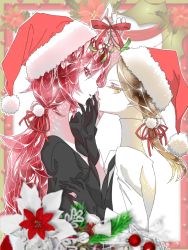 Rule 34 | 2others, androgynous, brown hair, christmas, colored eyelashes, colored skin, crystal hair, easty, face-to-face, gem uniform (houseki no kuni), gloves, hair ribbon, hat, houseki no kuni, lab coat, long hair, looking at viewer, mistletoe, multiple others, necktie, padparadscha (houseki no kuni), ponytail, red eyes, red hair, ribbon, rutile (houseki no kuni), santa hat, short hair, upper body, white skin, yellow eyes