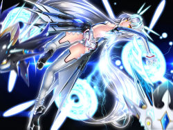 Rule 34 | 1girl, arm up, armor, armpits, ass, back, backless outfit, blurry, boots, breasts, code: battle seraph (elsword), depth of field, dutch angle, electricity, elsword, eve (elsword), expressionless, faulds, floating hair, forehead protector, from behind, full body, gloves, glowing, high heel boots, high heels, kneepits, lace, leg lift, leg up, leotard, long hair, looking at viewer, looking back, magic circle, mecha musume, moby (elsword), parted lips, remy (elsword), shimo (depthbomb), sideboob, sleeves past wrists, small breasts, solo, thigh boots, thighhighs, twisted torso, very long hair, white footwear, white hair, white thighhighs, yellow eyes