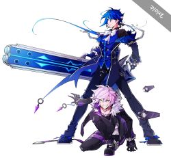 Rule 34 | 2boys, absurdres, add (elsword), bad id, bad pixiv id, black footwear, black gloves, black pants, blue eyes, blue hair, bow, bowtie, chain, ciel (elsword), elsword, full body, gloves, grin, highres, huge weapon, jacket, light purple hair, long hair, male focus, multicolored hair, multiple boys, pants, ponytail, psychic tracer (elsword), purple eyes, quai (hbee), royal guard (elsword), serious, shoes, simple background, smile, squatting, standing, weapon, white background, white bow, white hair