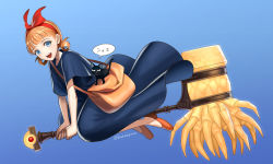 Rule 34 | 1girl, :d, alternate costume, annette fantine dominic, bag, black cat, blue background, blue dress, blue eyes, bow, broom, broom riding, brown bag, cat, cosplay, crossover, crusher (weapon), dress, fire emblem, fire emblem: three houses, hair bow, hair rings, haru (toyst), heroes relic (fire emblem), jiji (majo no takkyuubin), kiki (majo no takkyuubin), kiki (majo no takkyuubin) (cosplay), majo no takkyuubin, nintendo, open mouth, orange hair, parody, red bow, red footwear, short sleeves, simple background, smile, tagme, war hammer, weapon