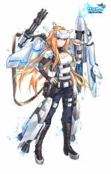 Rule 34 | 1girl, ace virgin, aircraft, airplane, blue eyes, blue pants, boots, breasts, cannon, cleavage cutout, closed mouth, clothing cutout, copyright name, fhalei, full body, gun, hand on own hip, headgear, highres, holding, holding gun, holding weapon, knee boots, large breasts, leg belt, lips, logo, long hair, long sleeves, looking at viewer, machinery, mecha musume, orange hair, pants, simple background, solo, standing, very long hair, weapon, white background