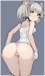 Rule 34 | 1girl, animal ear fluff, animal ears, anus, ass, ass focus, back, bare arms, bare shoulders, blush, breasts, butt crack, cameltoe, camisole, cat ears, cleft of venus, gloves, grey hair, hand on own hip, highres, kitami tsuzuka, looking at viewer, looking back, mio (xenoblade), partially undressed, pussy, short hair, small breasts, smile, solo, tattoo, thighs, undressing, wavy mouth, white gloves, xenoblade chronicles (series), xenoblade chronicles 3, yellow eyes