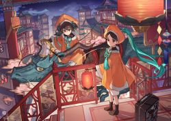 Rule 34 | 2019, 2girls, :&lt;, absurdres, aqua ribbon, architecture, brown eyes, brown hair, closed mouth, cloud, commentary request, dragon, dress, east asian architecture, eastern dragon, hair between eyes, hat, highres, holding, lantern, long sleeves, looking at viewer, mansu, multiple girls, night, night sky, orange dress, orange headwear, original, outdoors, parted bangs, railing, ribbon, riding, rolling suitcase, signature, sky, sleeves past wrists, stairs, star (sky), starry sky, suitcase, wide sleeves
