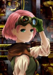 Rule 34 | 10s, 1girl, adjusting goggles, breasts, closed mouth, from side, gloves, goggles, goggles on head, green eyes, green gloves, kein hasegawa, koutetsujou no kabaneri, light frown, looking at viewer, looking to the side, pink hair, shade, short hair, sleeves past elbows, solo, steampunk, train, upper body, yukina (kabaneri)