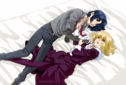 Rule 34 | 1boy, 1girl, amulet, artist name, athrun zala, blonde hair, blue hair, cagalli yula athha, couple, formal, fumiko (mesushi), grabbing, green eyes, grey pants, grey shirt, gundam, gundam seed, gundam seed freedom, hand on another&#039;s hand, jewelry, looking at another, lying, necklace, on bed, open clothes, pant suit, pants, ring, shirt, short hair, smile, suit, yellow eyes