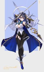 Rule 34 | 1girl, a yue, artist name, asymmetrical legwear, black gloves, blade, blue eyes, blue hair, bow, bow earrings, breasts, cape, dated, detached sleeves, dual wielding, earrings, from behind, gloves, hair intakes, half-skirt, halo, highres, holding, hololive, hololive english, jewelry, large breasts, mechanical halo, ouro kronii, thighhighs, virtual youtuber