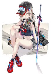 Rule 34 | 1girl, artoria pendragon (all), artoria pendragon (fate), baseball cap, black hat, black ribbon, black shirt, black tank top, blush, cape, fate/grand order, fate (series), female focus, full body, hair ribbon, hat, highres, holding, looking at viewer, midriff, mini 4wd, navel, open mouth, platinum blonde hair, ponytail, red footwear, ribbon, saber alter, shino (eefy), shirt, shoes, short shorts, shorts, sitting, sneakers, solo, sword, tamiya incorporated, tank top, weapon, wristband, yellow eyes