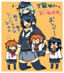 Rule 34 | 10s, 5girls, = =, akatsuki (kancolle), anchor symbol, black hair, black skirt, brown hair, carrying, chibi, drooling, eyepatch, flat cap, flying sweatdrops, folded ponytail, hair ornament, hairclip, holding hands, hat, hibiki (kancolle), ikazuchi (kancolle), ikutose, inazuma (kancolle), kantai collection, long hair, multiple girls, musical note, nose bubble, pleated skirt, ponytail, purple hair, school uniform, serafuku, short hair, silver hair, skirt, sweat, tenryuu (kancolle), thighhighs, translation request