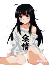 Rule 34 | 1girl, akichin (atelier baguri), black hair, blunt bangs, brown eyes, clothes writing, commentary request, hatsuyuki (kancolle), hime cut, kantai collection, long hair, looking at viewer, messy hair, panties, shirt, simple background, sitting, solo, t-shirt, underwear, wariza, white background, white panties, white shirt