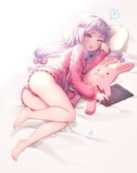 Rule 34 | 10s, 1girl, ass, bad id, bad pixiv id, barefoot, bed sheet, blush, bow, commentary request, drawing tablet, eromanga sensei, hair bow, holding, index finger raised, izumi sagiri, legs, long hair, long sleeves, looking at viewer, low-tied long hair, lying, on side, one eye closed, open mouth, ozzingo, pajamas, pillow, pink bow, revision, rubbing eyes, silver hair, solo, speech bubble, stylus, thighs