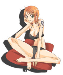 Rule 34 | 1girl, barefoot, black panties, bra, breasts, butterfly sitting, cleavage, feet, green eyes, head rest, lingerie, nami (one piece), navel, one piece, panties, parted bangs, short hair, shoulder tattoo, simple background, sitting, smile, solo, spread legs, tattoo, underwear, underwear only, white background, yu-ri (kurione-sha)