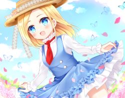 Rule 34 | 1girl, :d, animal, blonde hair, blue dress, blue eyes, blush, brown hat, bug, butterfly, cloud, commentary request, commission, day, dress, flower, forehead, frilled dress, frills, hat, insect, long hair, long sleeves, looking at viewer, necktie, open mouth, original, outdoors, petals, pink flower, pink rose, red necktie, rose, shikito (yawa0w0), shirt, skeb commission, smile, solo, white shirt