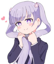 Rule 34 | 1girl, black jacket, blazer, blunt bangs, blush, flower, formal, hair flower, hair ornament, hands up, highres, holding, holding own hair, jacket, long hair, long sleeves, looking at viewer, nagumo uka, new game!, purple eyes, purple hair, simple background, skirt, skirt suit, smile, solo, suit, suzukaze aoba, twintails, white background