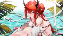 Rule 34 | 1girl, absurdres, arknights, bare shoulders, bikini, breasts, detached sleeves, flower, hair between eyes, hair rings, halterneck, heimu (heim kstr), highres, horns, long hair, long sleeves, looking at viewer, official alternate costume, parted lips, petals, plant, purple eyes, red hair, sideboob, solo, surtr (arknights), surtr (colorful wonderland) (arknights), swimsuit, thigh strap, very long hair, water